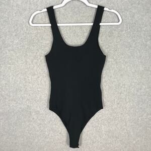 Happily Gray Bodysuit Womens Medium Black Ribbed Knit Sweater Basic‎ Goth Career